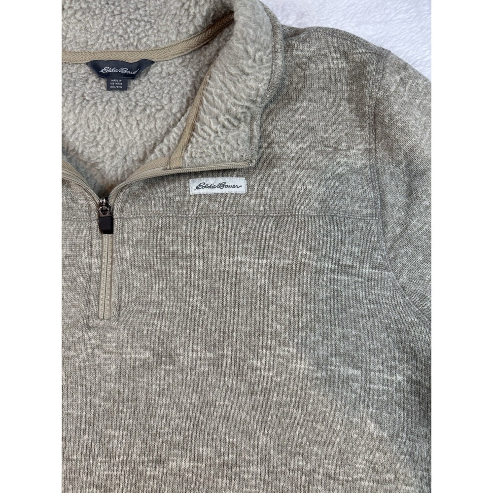 Eddie Bauer Sweatshirt Mens XXL Beige Mock Neck 1/4 Zip Pullover Knit Pockets - Picture 2 of 10